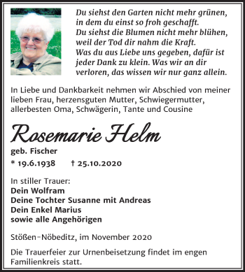 Traueranzeige von Rosemarie Helm von Wochenspiegel Weißenfels