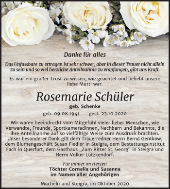 Traueranzeige von Rosemarie Schüler von Super Sonntag Merseburg/Querfurt