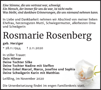 Traueranzeige von Rosmarie Rosenberg von Wochenspiegel Weißenfels