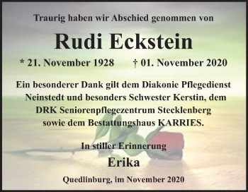 Traueranzeige von Rudi Eckstein von Mitteldeutsche Zeitung Quedlinburg