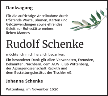 Traueranzeige von Rudolf Schenke von Super Sonntag Wittenberg