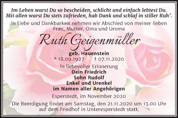 Traueranzeige von Ruth Geigenmüller von Mitteldeutsche Zeitung Merseburg/Querfurt