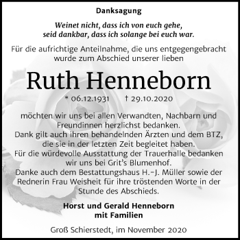 Traueranzeige von Ruth Henneborn von Mitteldeutsche Zeitung Aschersleben