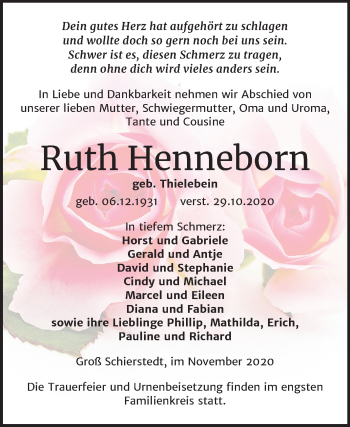 Traueranzeige von Ruth Henneborn von Mitteldeutsche Zeitung Aschersleben