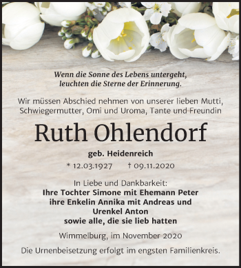 Traueranzeige von Ruth Ohlendorf von Mitteldeutsche Zeitung Mansfelder Land