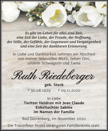Traueranzeige von Ruth Riedeberger von Super Sonntag Merseburg/Querfurt