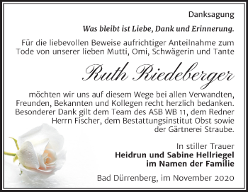 Traueranzeige von Ruth Riedeberger von Super Sonntag Merseburg/Querfurt