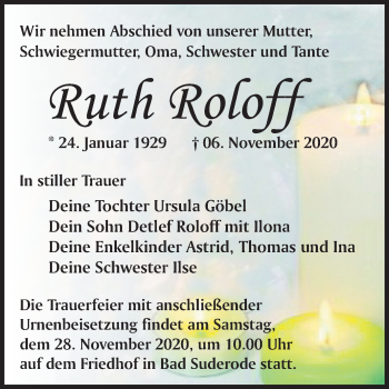 Traueranzeige von Ruth Roloff von Mitteldeutsche Zeitung Quedlinburg
