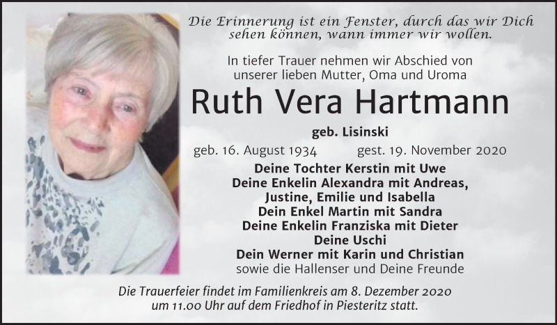  Traueranzeige für Ruth Vera Hartmann vom 28.11.2020 aus Super Sonntag Wittenberg
