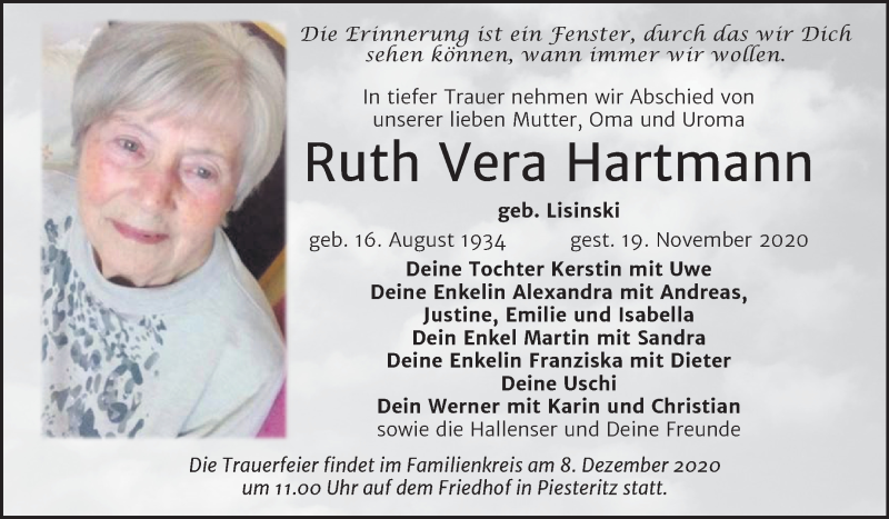  Traueranzeige für Ruth Vera Hartmann vom 28.11.2020 aus Mitteldeutsche Zeitung Wittenberg