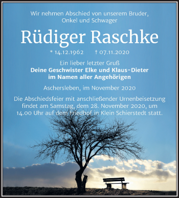 Traueranzeige von Rüdiger Raschke von Mitteldeutsche Zeitung Aschersleben