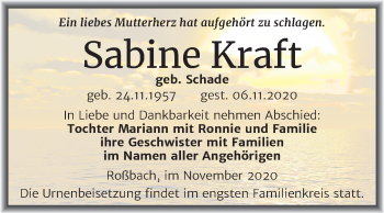 Traueranzeige von Sabine Kraft von Mitteldeutsche Zeitung Merseburg/Querfurt