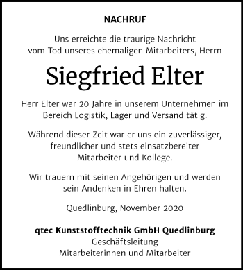 Traueranzeige von Siegfried Elter von Mitteldeutsche Zeitung Quedlinburg