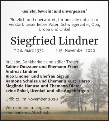 Traueranzeige von Siegfried Lindner von Mitteldeutsche Zeitung Weißenfels