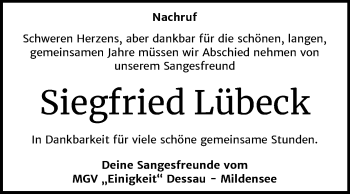 Traueranzeige von Siegfried Lübeck von Mitteldeutsche Zeitung Dessau-Roßlau