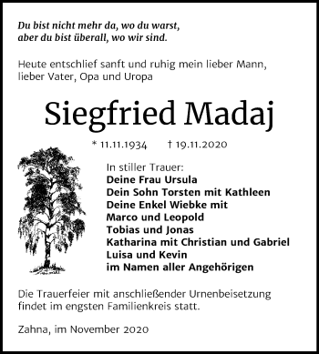 Traueranzeige von Siegfried Madaj von Super Sonntag Wittenberg