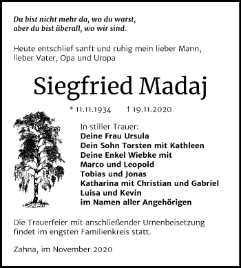 Traueranzeige von Siegfried Madaj von Mitteldeutsche Zeitung Wittenberg