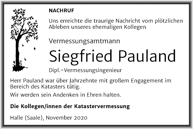  Traueranzeige für Siegfried Pauland vom 28.11.2020 aus Mitteldeutsche Zeitung Merseburg/Querfurt