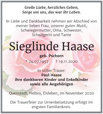 Traueranzeige von Sieglinde Haase von Mitteldeutsche Zeitung Mansfelder Land