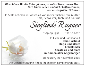 Traueranzeige von Sieglinde Rügner von Mitteldeutsche Zeitung Merseburg/Querfurt