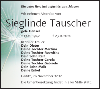 Traueranzeige von Sieglinde Tauscher von Super Sonntag Wittenberg