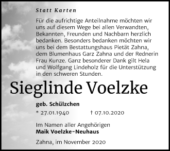 Traueranzeige von Sieglinde Voelzke von Mitteldeutsche Zeitung Wittenberg