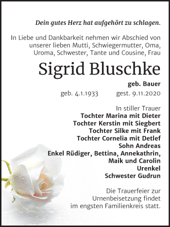 Traueranzeige von Sigrid Bluschke von Mitteldeutsche Zeitung Weißenfels