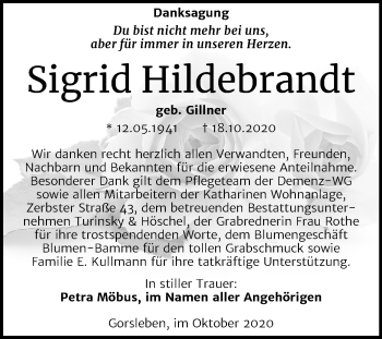 Traueranzeige von Sigrid Hildebarndt von Mitteldeutsche Zeitung Halle/Saalkreis