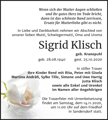 Traueranzeige von Sigrid Klisch von Wochenspiegel Bitterfeld