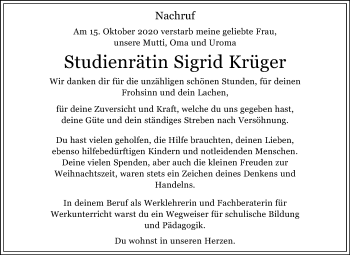 Traueranzeige von Sigrid Krüger von Super Sonntag Dessau-Roßlau
