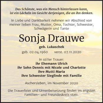 Traueranzeige von Sonja Drauwe von Mitteldeutsche Zeitung Aschersleben