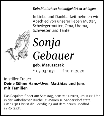 Traueranzeige von Sonja Gebauer von Wochenspiegel Bitterfeld