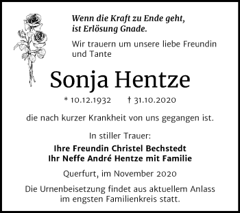 Traueranzeige von Sonja Hentze von Mitteldeutsche Zeitung Merseburg/Querfurt