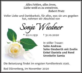 Traueranzeige von Sonja Wiedner von Mitteldeutsche Zeitung Merseburg/Querfurt