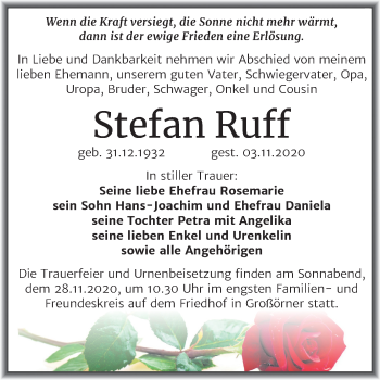 Traueranzeige von Stefan Ruff von Wochenspiegel Mansfelder Land