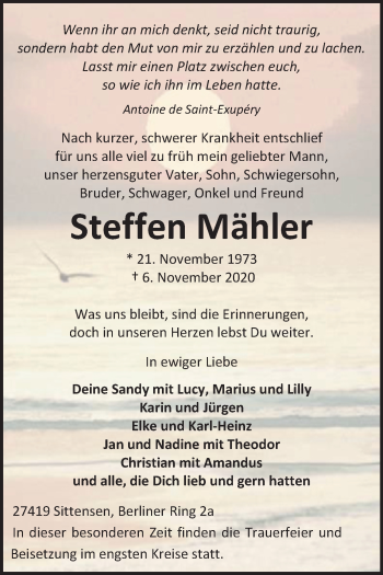 Traueranzeige von Steffen Mähler von Super Sonntag Zeitz