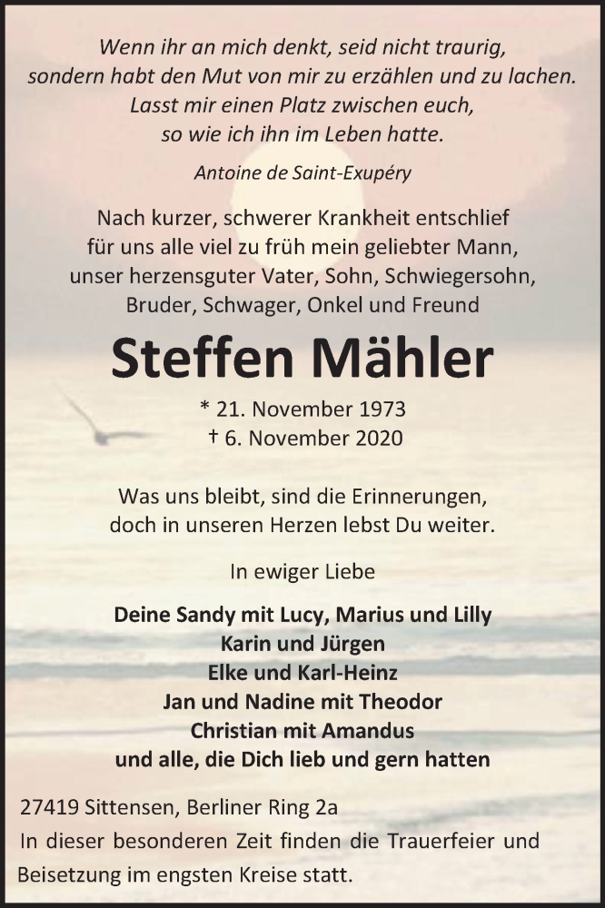  Traueranzeige für Steffen Mähler vom 14.11.2020 aus Super Sonntag Zeitz