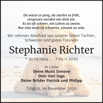 Traueranzeige von Stephanie Richter von Mitteldeutsche Zeitung Zeitz