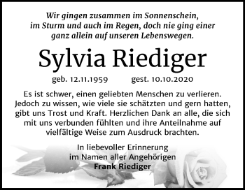 Traueranzeige von Sylvia Riediger von Super Sonntag Wittenberg