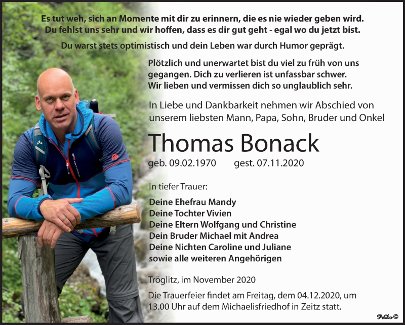  Traueranzeige für Thomas Bonack vom 28.11.2020 aus Mitteldeutsche Zeitung Zeitz
