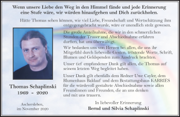 Traueranzeige von Thomas Schaplinski von Mitteldeutsche Zeitung Aschersleben