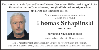 Traueranzeige von Thomas Schaplinski von Mitteldeutsche Zeitung Aschersleben