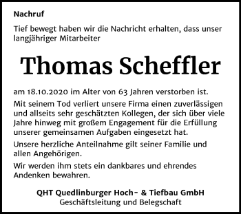 Traueranzeige von Thomas Scheffler von Super Sonntag Quedlinburg