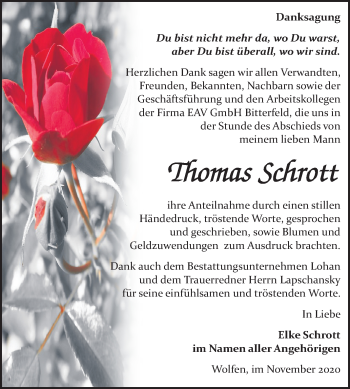 Traueranzeige von Thomas Schrott von Wochenspiegel Bitterfeld
