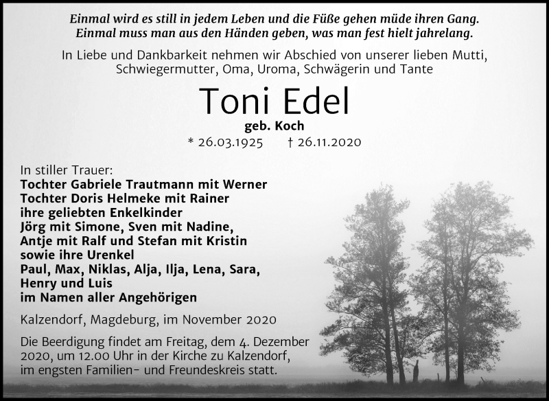  Traueranzeige für Toni Edel vom 28.11.2020 aus Mitteldeutsche Zeitung Merseburg/Querfurt