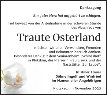 Traueranzeige von Traute Osterland von Super Sonntag Bernburg