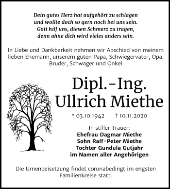 Traueranzeige von Ullrich Miethe von Mitteldeutsche Zeitung Dessau-Roßlau