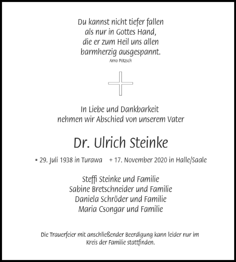  Traueranzeige für Ulrich Steinke vom 21.11.2020 aus Mitteldeutsche Zeitung Halle/Saalkreis
