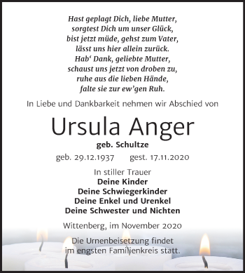 Traueranzeige von Ursula Anger von Super Sonntag Wittenberg