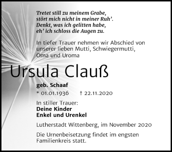 Traueranzeige von Ursula Clauß von Super Sonntag Wittenberg